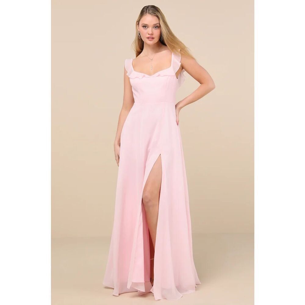 Lulus Dreamy Admiration Light Pink Ruffled Maxi Dress Size L NWT